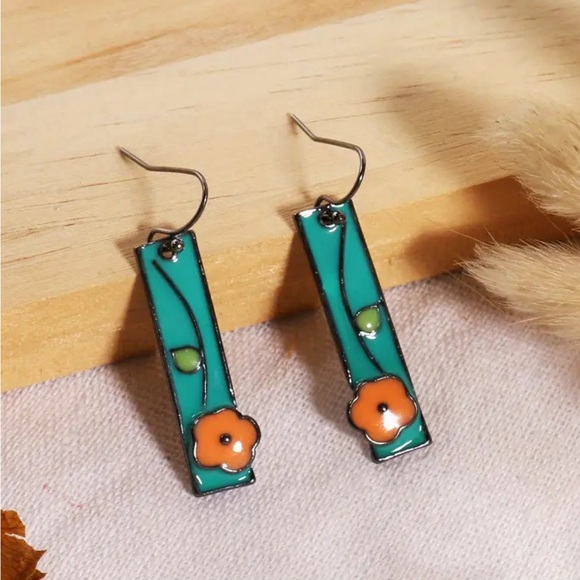 Green and Orange Floral Dangle Earrings - Picture 2 of 3